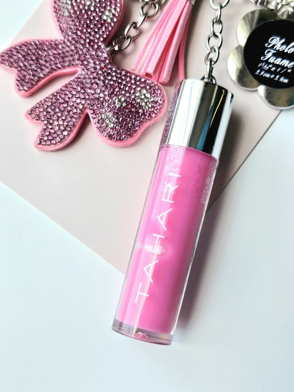 Tahari Pink Rhinestone Bow Keychain Lip Gloss & Photo Frame Bag Charm, Tassel